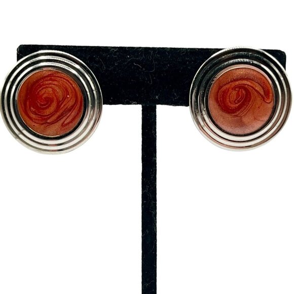 Vintage‎ Bezeled Coin Statement Earrings Orange Rust Swirl Center Artsy Retro - Picture 1 of 6